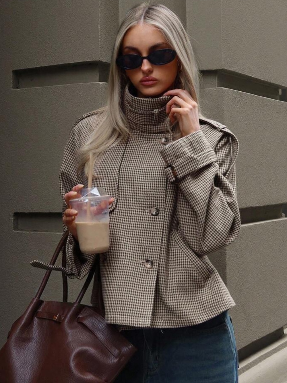 Aloruh Women's Fall/Winter Fashion Chic Casual Loose Houndstooth jacket